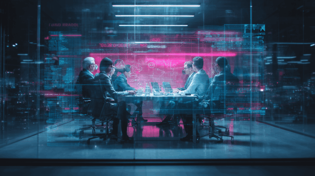 Führungsteam prüft KI-Tool-Compliance in einem War-Room mit visuellen Hinweisen auf Datenschutz, Security und Audit.
Untertitel: Der Prüfpfad, bevor KI-Tools skalieren.