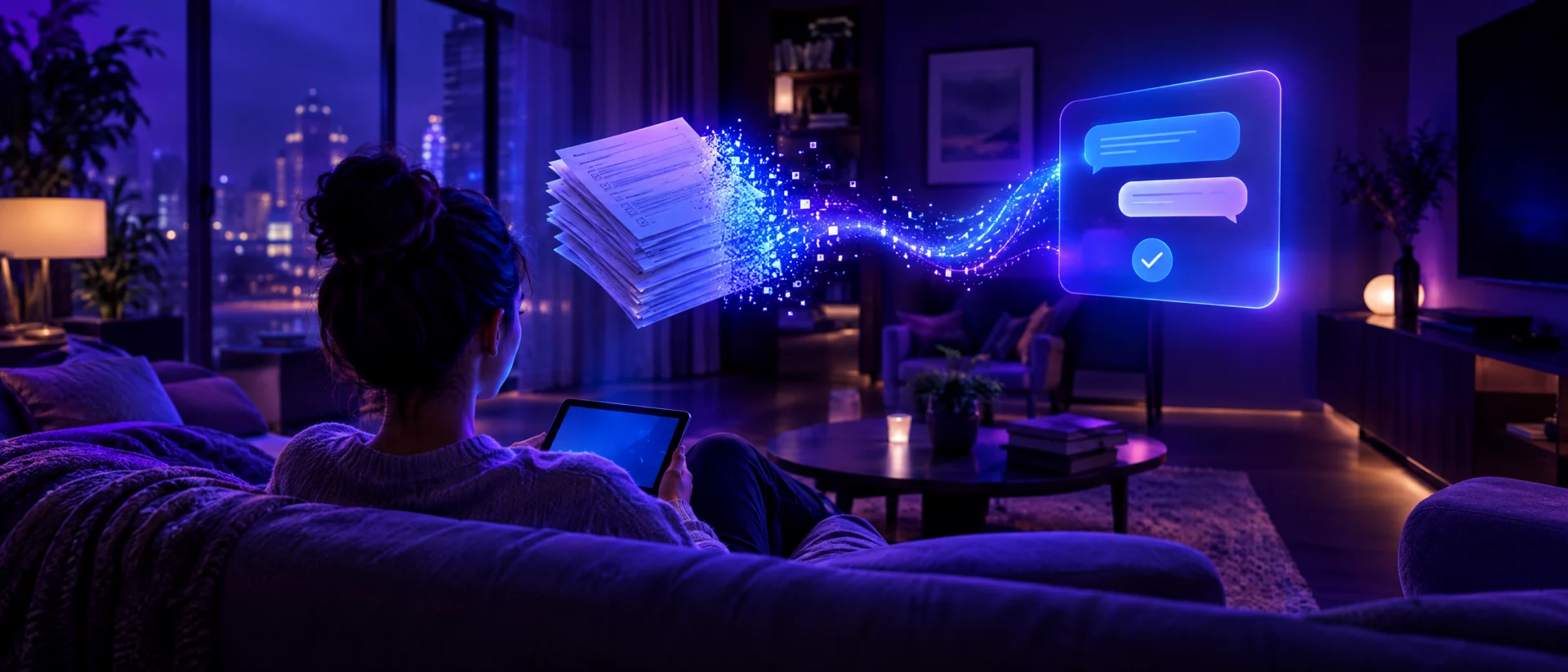 Person auf dem Sofa mit Tablet, Papierformulare lösen sich in Lichtpunkte auf und fließen in eine Chat-Oberfläche