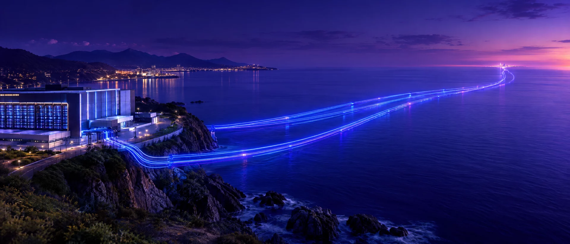 Rechenzentrum an der europäischen Küste mit leuchtenden Glasfaserkabeln, die über das Meer zum Horizont führen