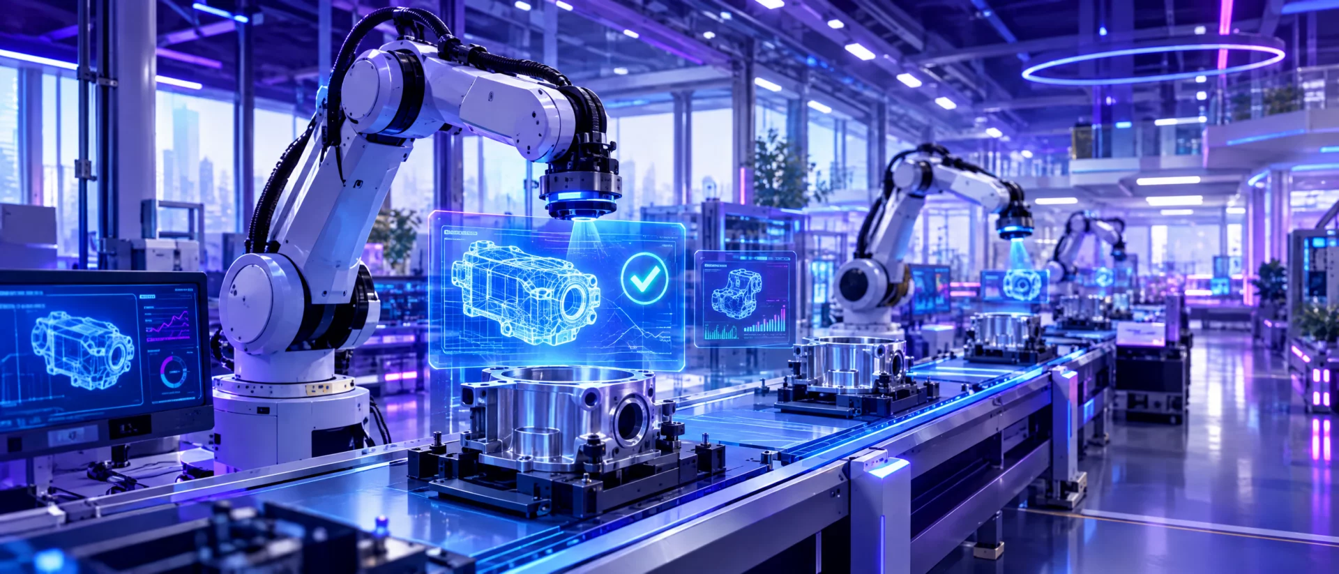 Industrieroboter prüfen Maschinenteile in einer Fabrikhalle, darüber holografische Einblendungen zur Qualitätskontrolle