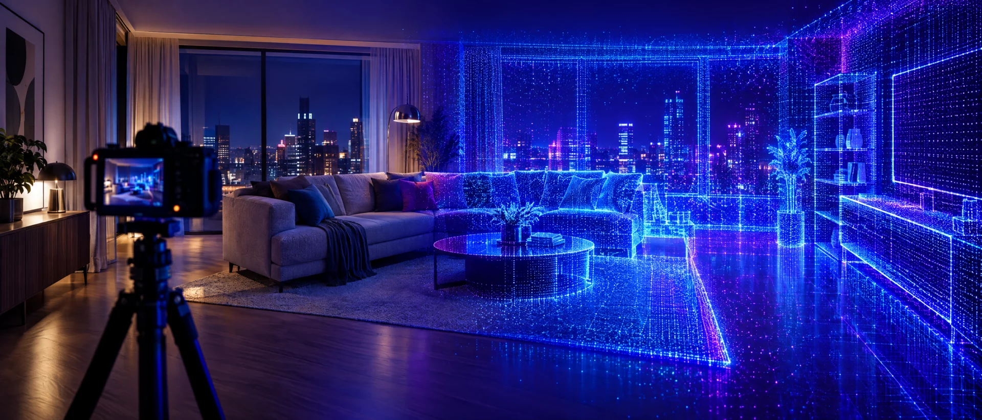 Kamera auf einem Stativ erfasst ein Wohnzimmer, das sich in eine leuchtende 3D-Punktwolke verwandelt