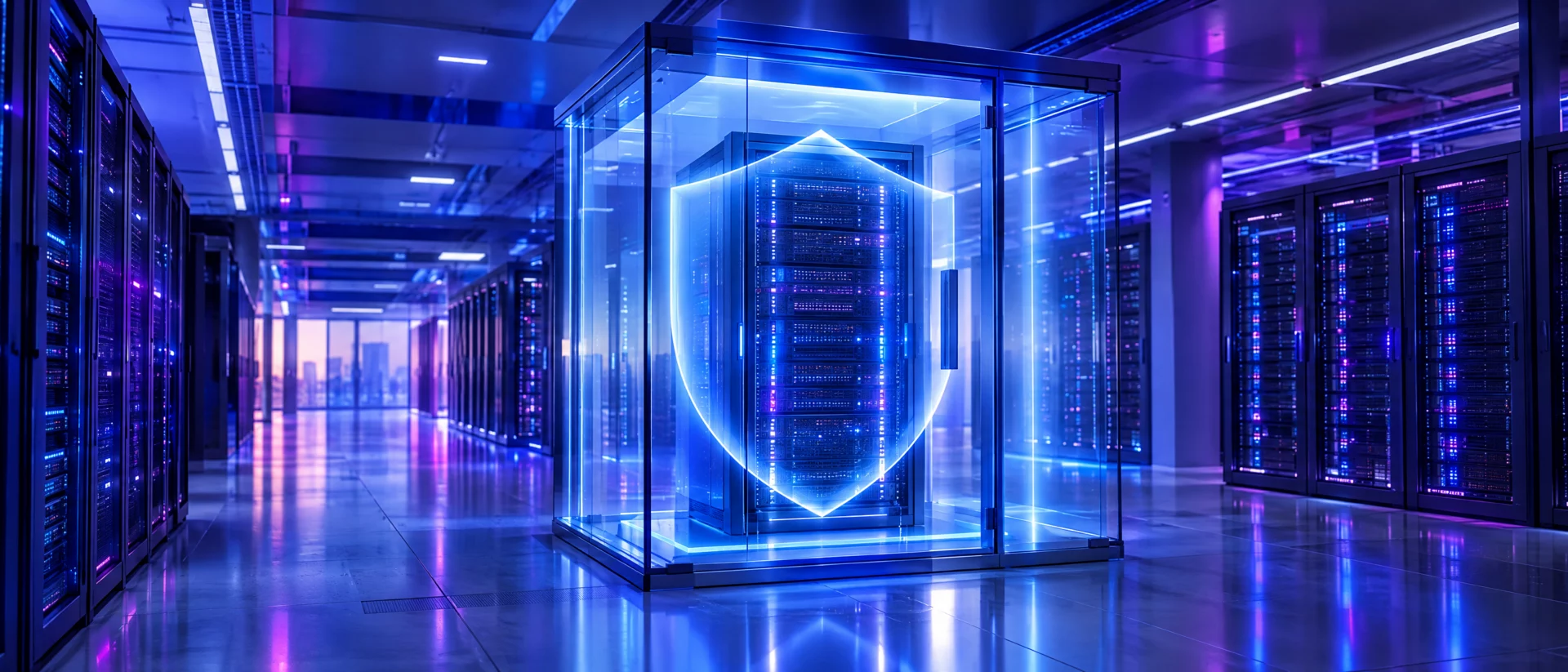 Serverrack in einem gläsernen Schutzraum als Symbol für den isolierten Betrieb von KI-Modellen im eigenen Rechenzentrum