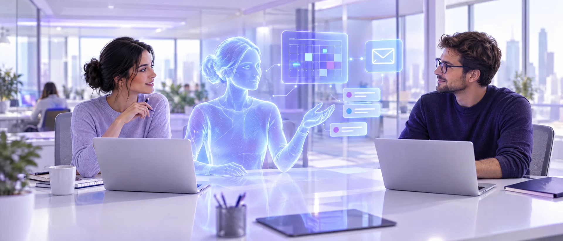 Zwei Mitarbeitende am Schreibtisch mit einem holografischen KI-Kollegen, daneben Kalender und E-Mail-Symbol