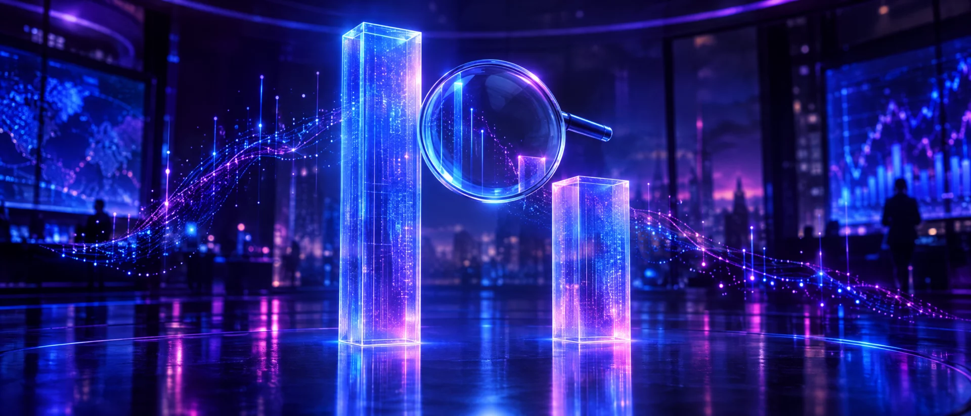 Zwei unterschiedlich hohe Glassäulen mit Lupe als Symbol für neu berechnete Umsatzzahlen