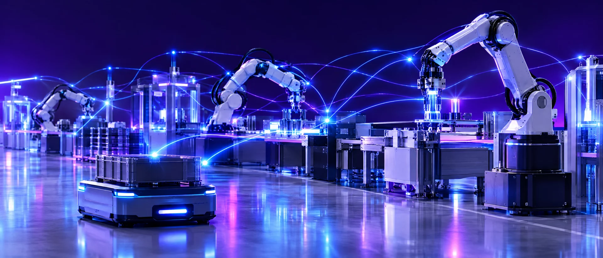 Industrieroboter und autonomer Transportroboter in einer Fabrik, verbunden durch leuchtende Datenlinien