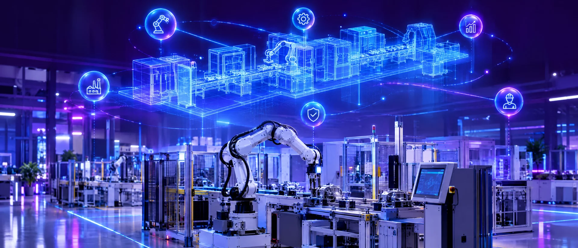 Industrieroboter in einer Fabrikhalle mit einem leuchtenden digitalen Zwilling der Produktionslinie