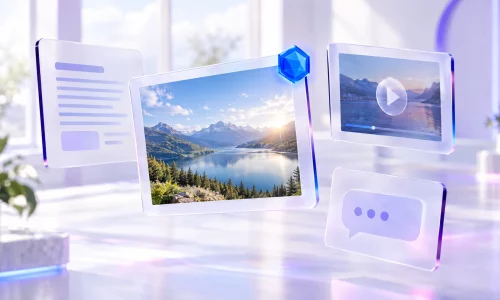 Schwebende Glasflächen mit Foto, Video, Dokument und Chat in einem hellen Raum, das Foto trägt ein blaues Prüfsiegel