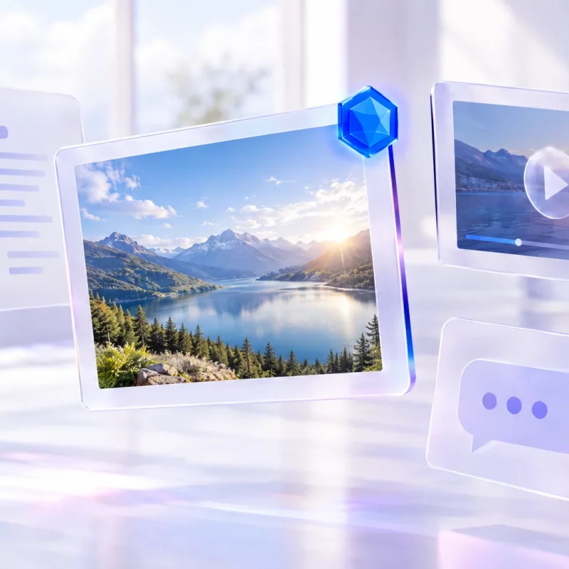 Floating glass panels displaying photos, videos, documents, and chat messages in a bright room; the photo bears a blue seal of approval