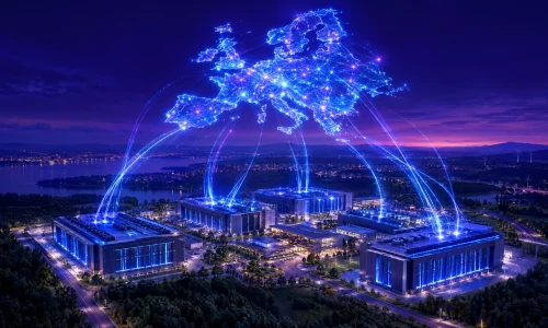 Leuchtende Netzwerkkarte Europas über einem Rechenzentrumscampus in der Abenddämmerung als Symbol für europäische KI-Infrastruktur