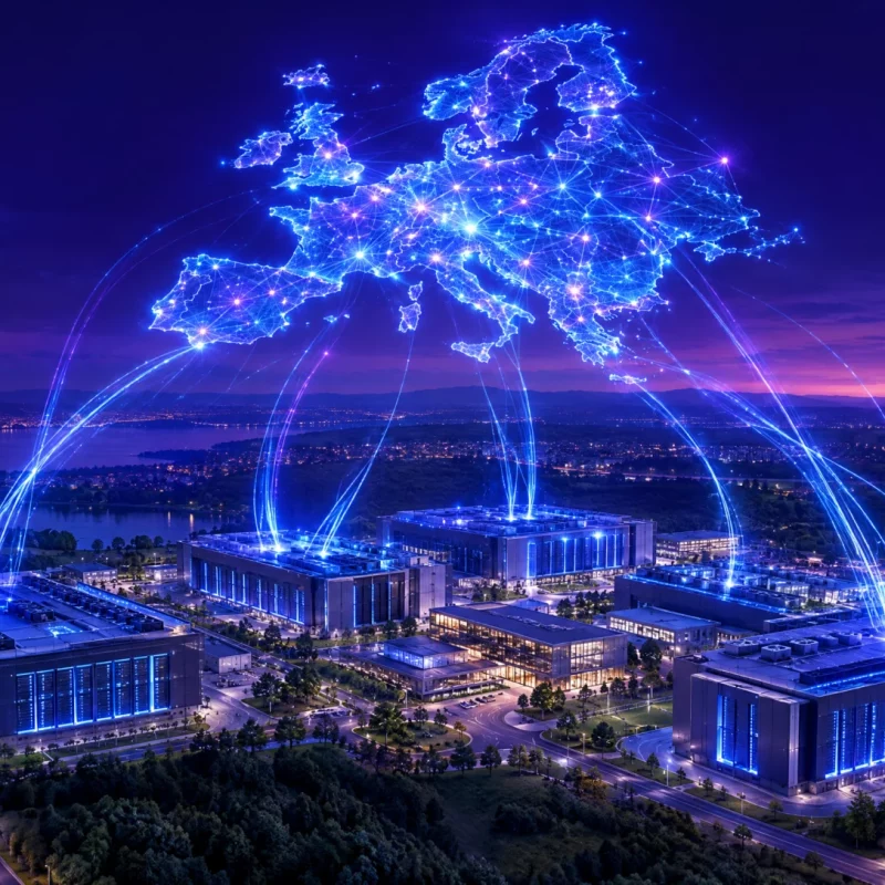 Leuchtende Netzwerkkarte Europas über einem Rechenzentrumscampus in der Abenddämmerung als Symbol für europäische KI-Infrastruktur