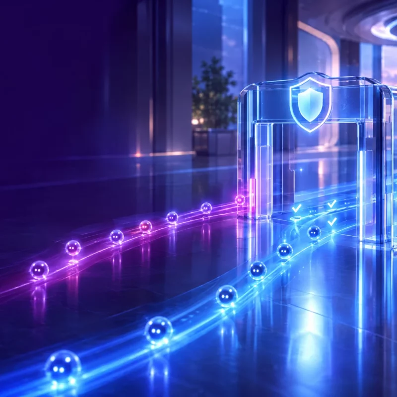 Glowing AI agents pass through a glass security gate with a protective shield; authorized paths glow blue