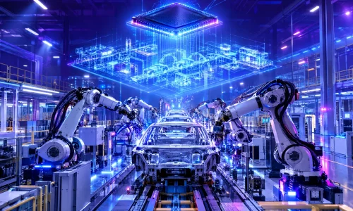 Fabrikhalle mit Industrierobotern und einem leuchtenden KI-Chip, der einen digitalen Zwilling der Produktion projiziert