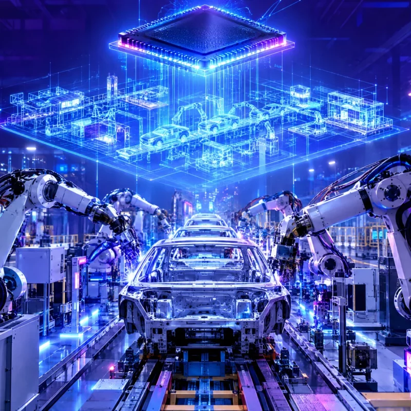 Fabrikhalle mit Industrierobotern und einem leuchtenden KI-Chip, der einen digitalen Zwilling der Produktion projiziert
