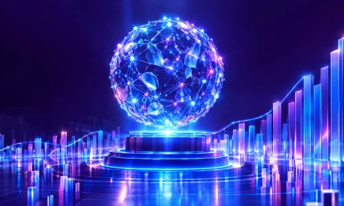 Leuchtende Kugel aus einem neuronalen Netz steigt über aufsteigenden Lichtbalken eines Börsenparketts