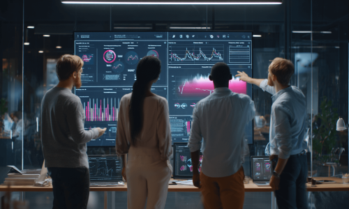 Interdisziplinäres Team arbeitet gemeinsam an KI-Weiterbildung und AI-Act-konformer Governance vor einem großen Bildschirm mit Daten und Workflows.