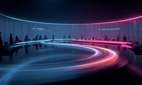 Futuristischer Besprechungsraum mit einem zentralen Interface, das KI-Strategie und KI-Governance als verbundene Pfade zeigt.