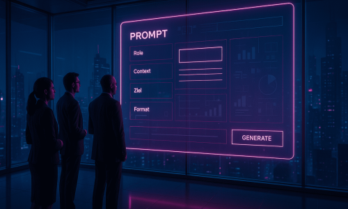 Futuristisches Büro bei Nacht mit einem Team aus Führungskräften, das vor einem holografischen Interface mit strukturierten KI-Prompts steht, in neon-pink und night-blue im Roover-Stil.
