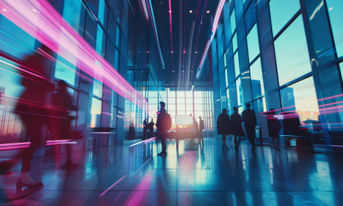 Helle, architektonische Struktur aus Glasblöcken mit blauen und pinken Akzenten, die ein geordnetes KI-Betriebsmodell symbolisiert.