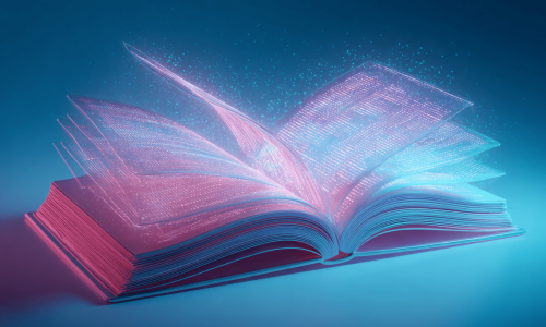 Aufgeschlagenes Buch mit leuchtenden, transparenten Seiten in Neon-Pink und Blau; Partikel wirken wie digitale Informationen, die aus den Seiten aufsteigen.