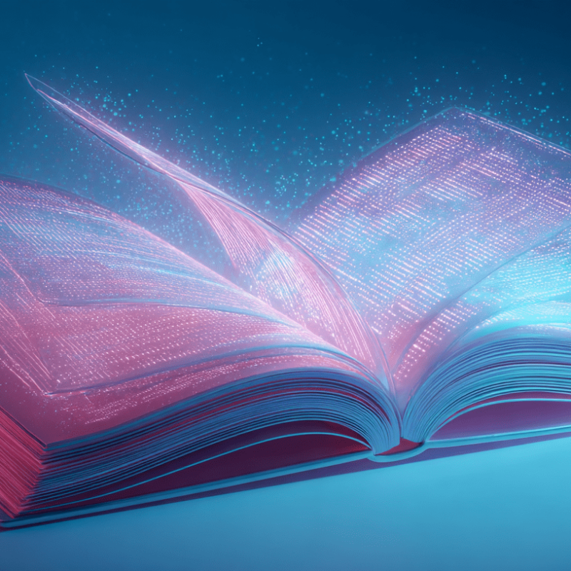 Aufgeschlagenes Buch mit leuchtenden, transparenten Seiten in Neon-Pink und Blau; Partikel wirken wie digitale Informationen, die aus den Seiten aufsteigen.
